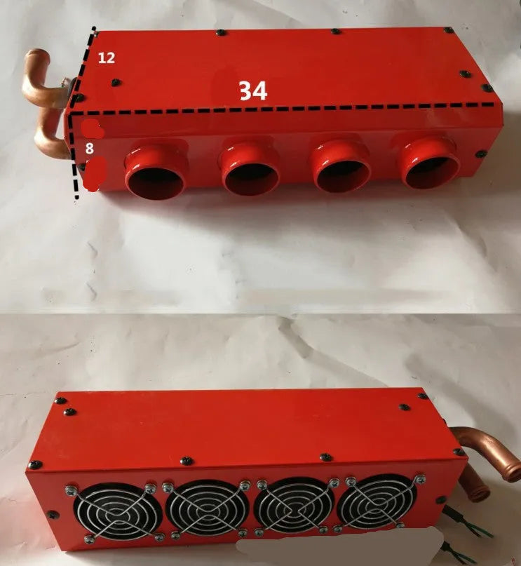 Long metal car heater unit with four copper pipe connectors for engine coolant.