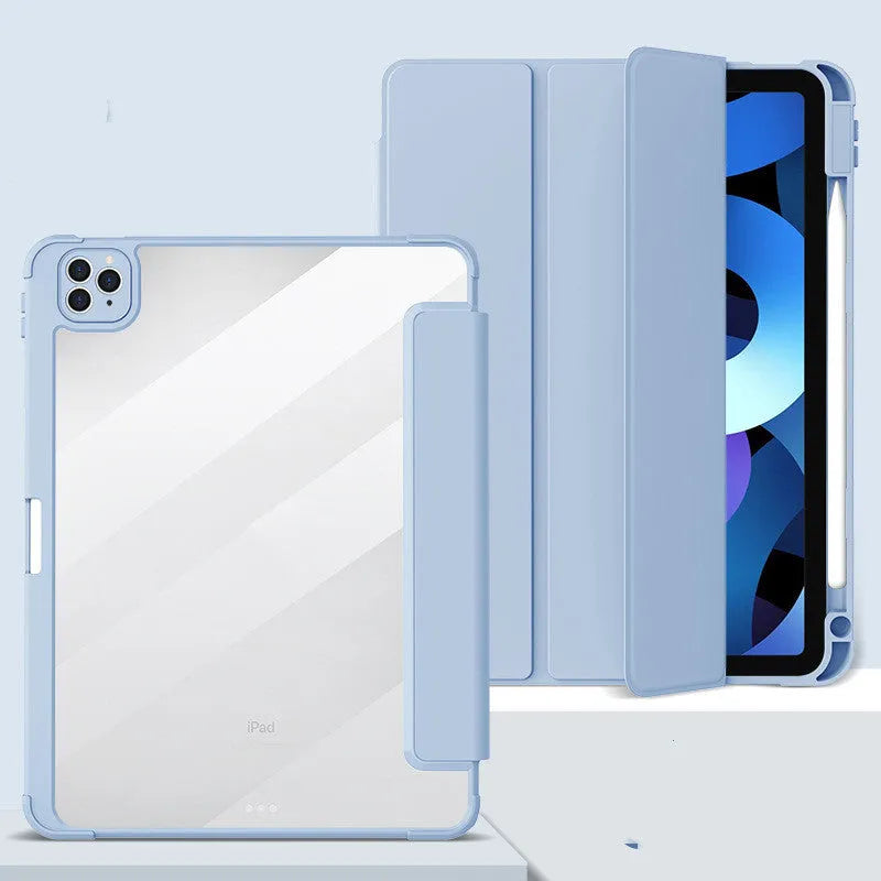 iPad protective case with a charging slot for Apple Pencil, shown in a colour option with hard bottom and soft edge design.