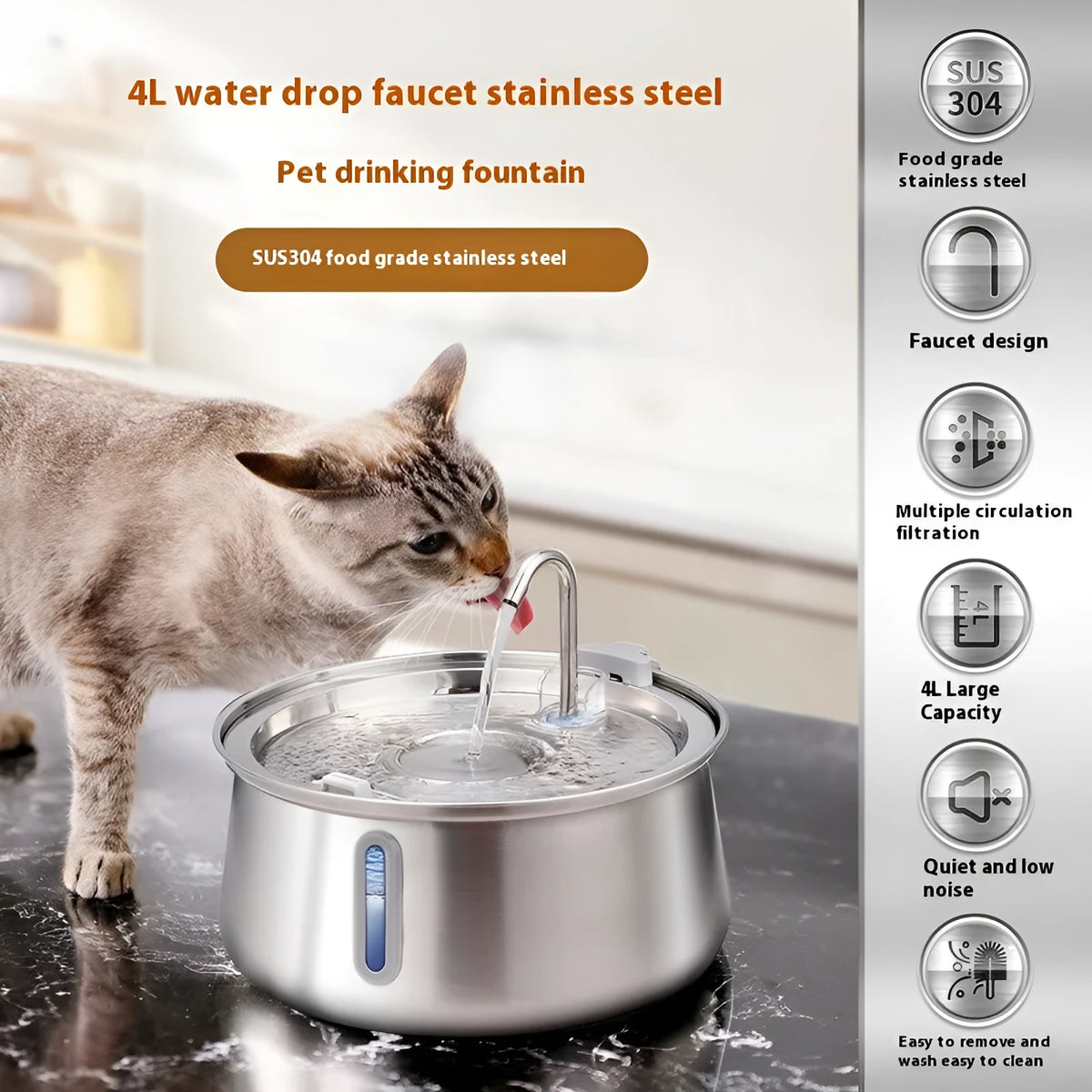 4L stainless steel pet water dispenser with window, double outlet and USB pump for dogs and cats