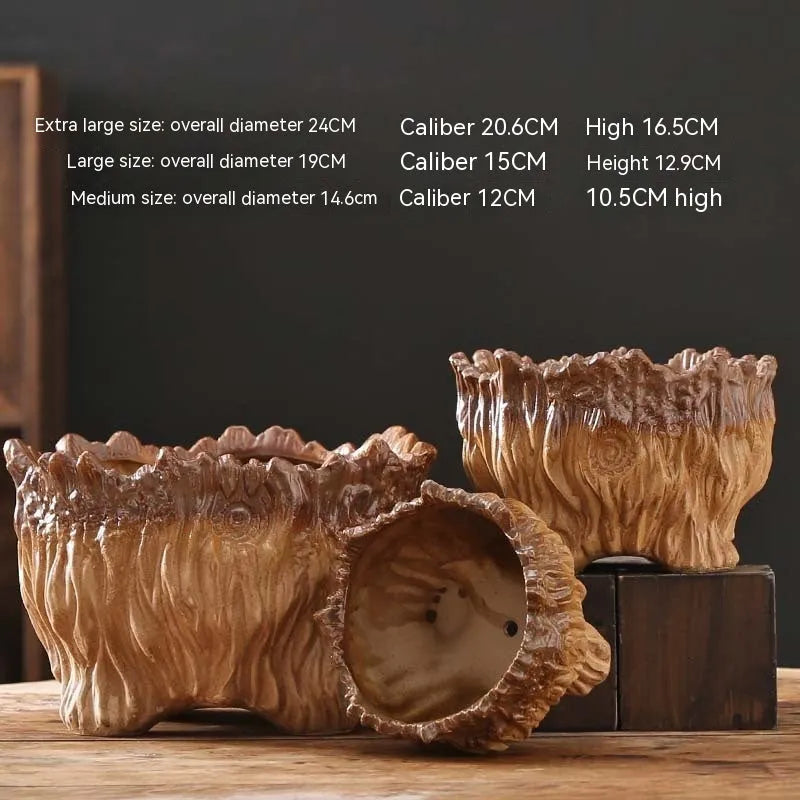 Ceramic wood shaped tree root flower pot in pastoral style, available in three sizes for succulent home gardening