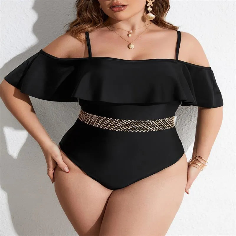 Black women's one-piece swimsuit in polyester fabric available in sizes 0XL to 4XL