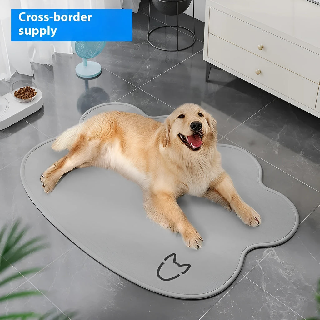 Dog head shaped ice silk pet cooling mat on a floor in light grey colour