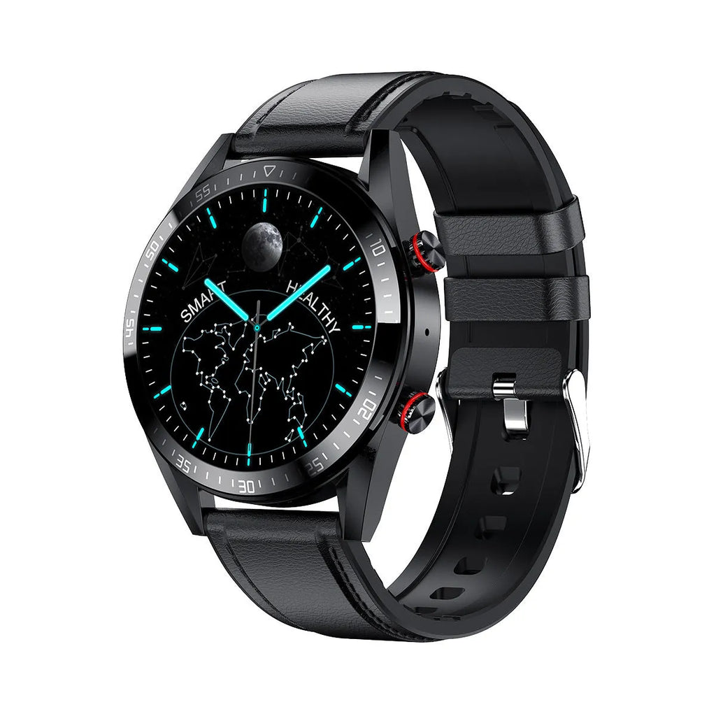 Smart watch with 1.39-inch HD screen, leather strap, heart rate and blood pressure sensors, 30-metre waterproof rating
