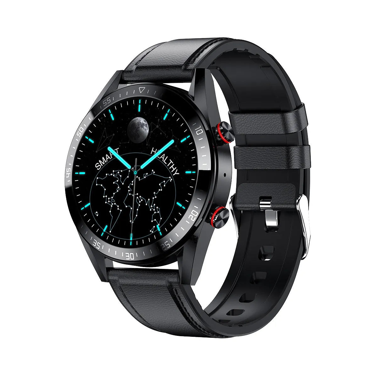 Smart watch with 1.39-inch HD screen, leather strap, heart rate and blood pressure sensors, 30-metre waterproof rating
