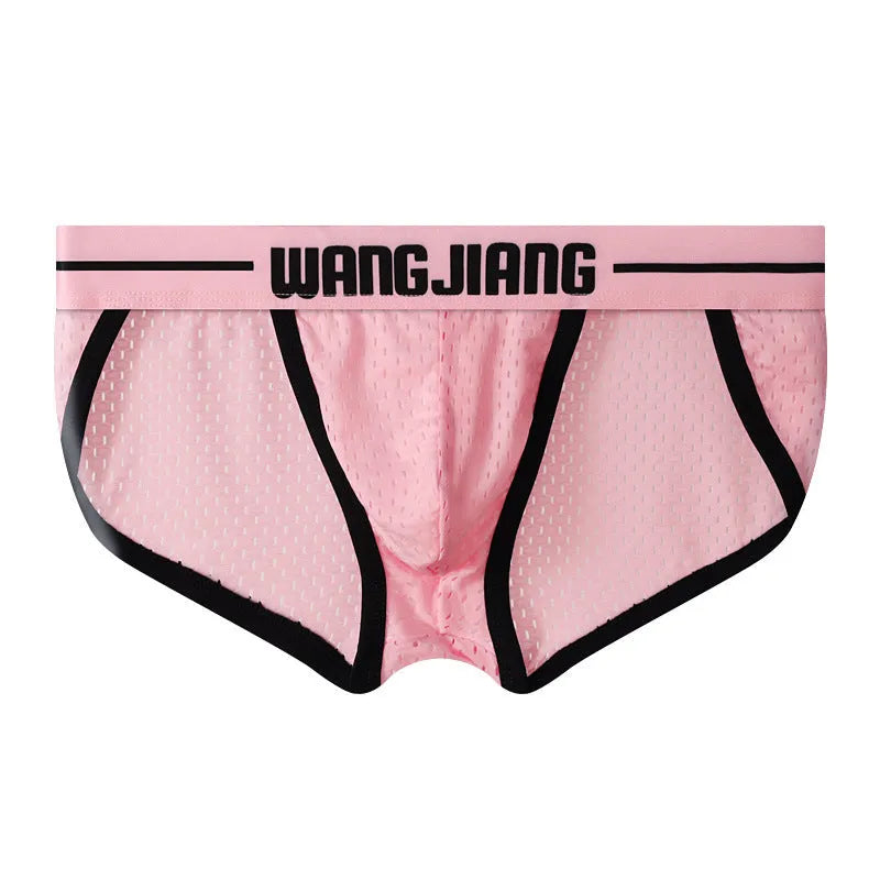 Men's triangular underwear in mesh ice silk fabric showing quick-dry sports briefs in multiple colours