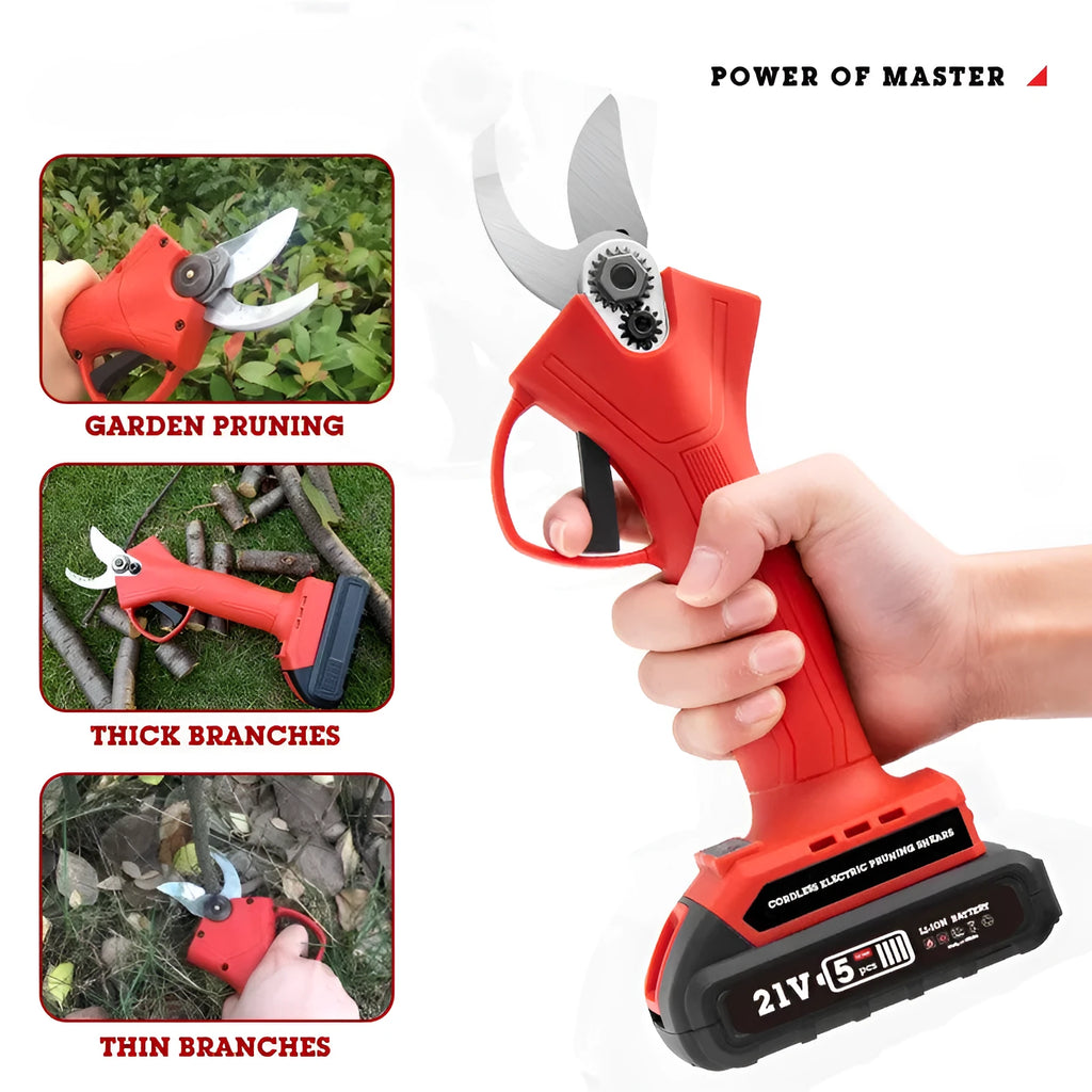 Red rechargeable electric branch shears with lithium battery, 220V US plug, and plastic box set for garden pruning