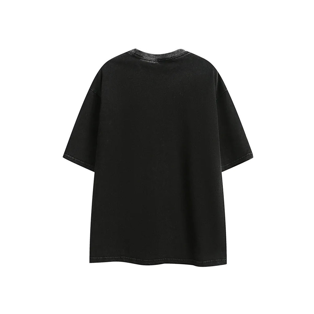 Retro half-sleeve washed cotton T-shirt in loose fit black or purple colour