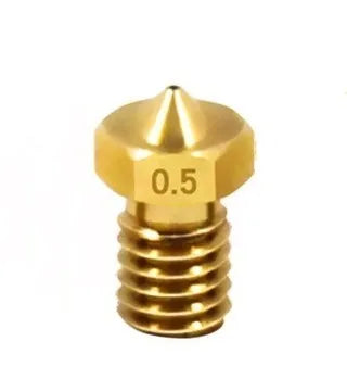 E3D brass 3D printer nozzle with M6 thread showing outlet aperture options