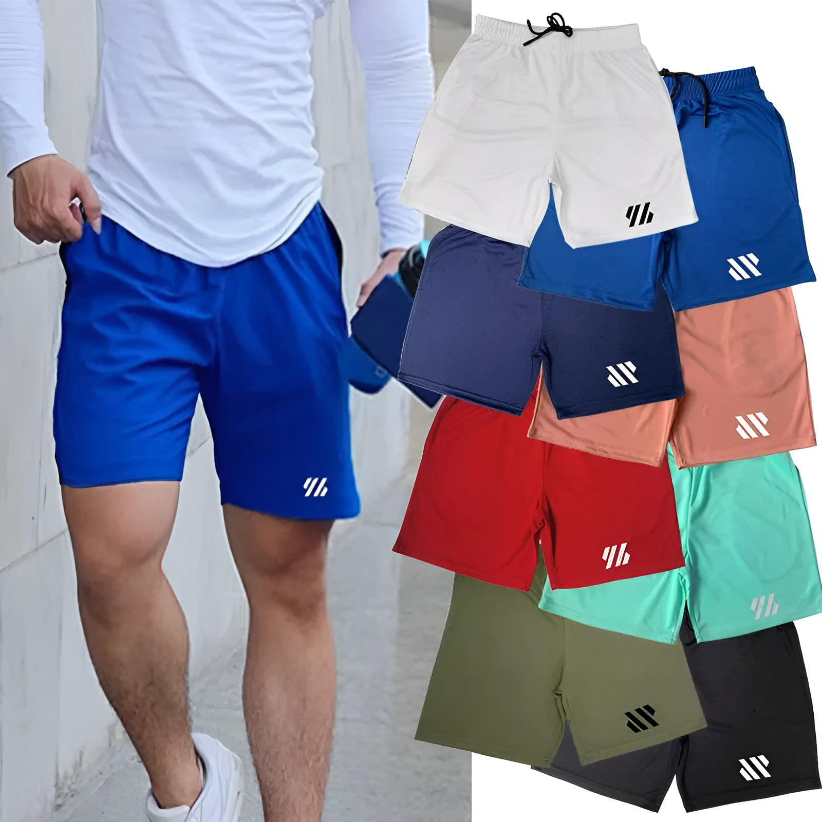 Men's black loose-fit metal silk fabric running shorts on a white background.