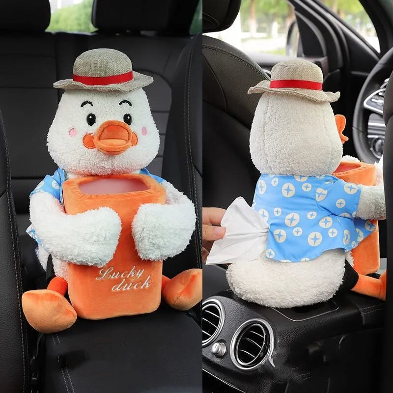 Plush car tissue box and rubbish bin combination in cute animal design for vehicle centre console