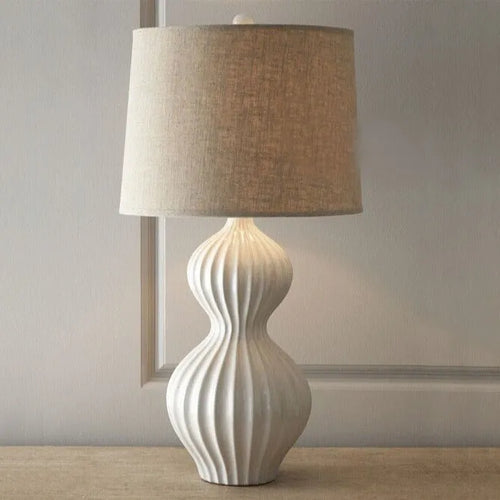 Jingdezhen ceramic table lamp with white fabric shade, 62cm tall on a wooden table.