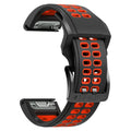 Quick release two-colour silicone sports watch strap with double-row ventilation holes on a grey background.