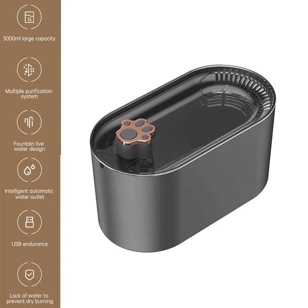 Berlin blue automatic pet water fountain with quiet pump and triple filter on floor.