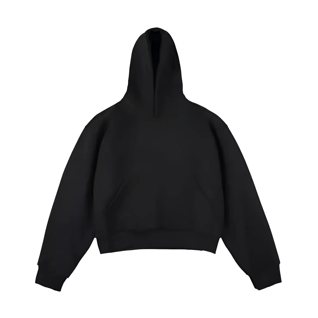 Short grey Chinese cotton velvet hooded sweater with long sleeves and a removable hood on a hanger.