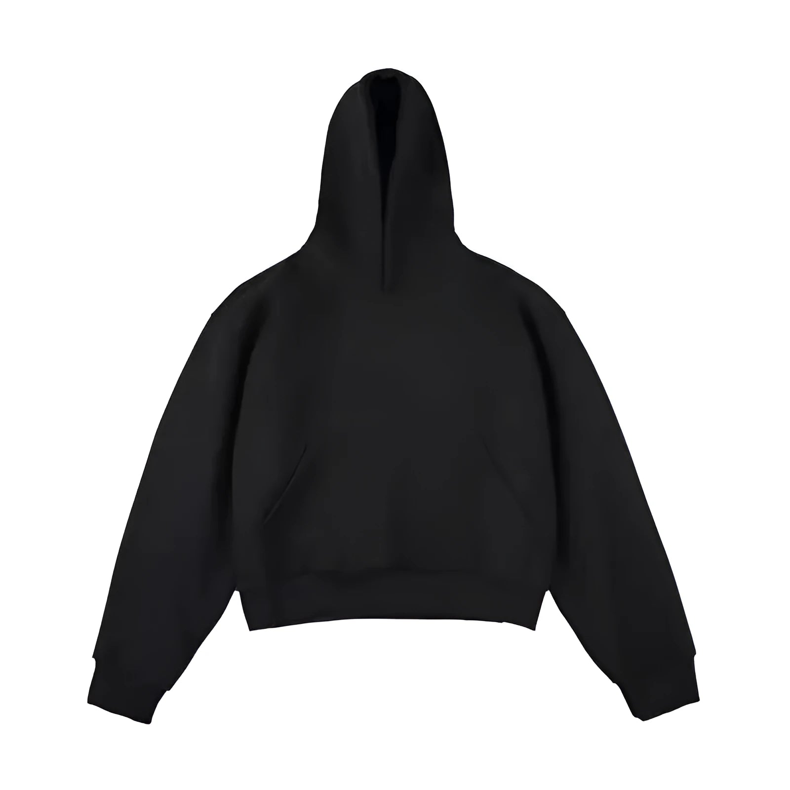 Short grey Chinese cotton velvet hooded sweater with long sleeves and a removable hood on a hanger.