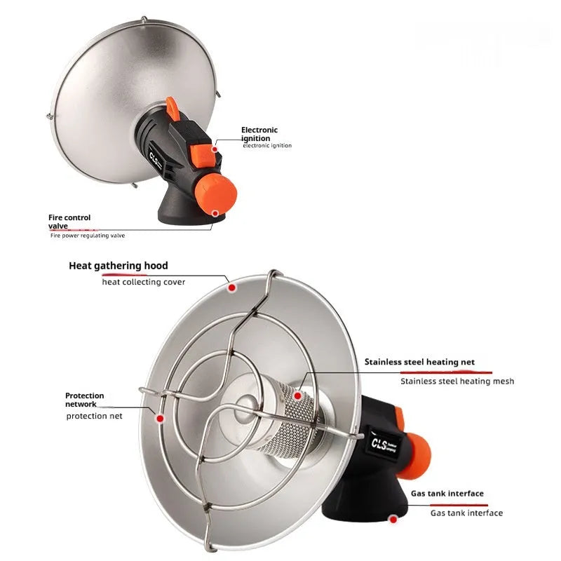 Black and orange portable outdoor gas heating stove with automatic ignition.