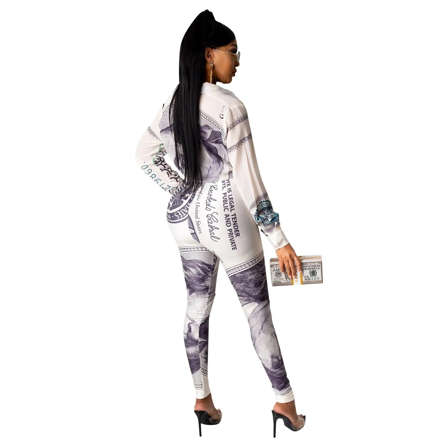 Women's casual printed lace up long-sleeved two-piece suit in black with top and trousers set urban leisure style