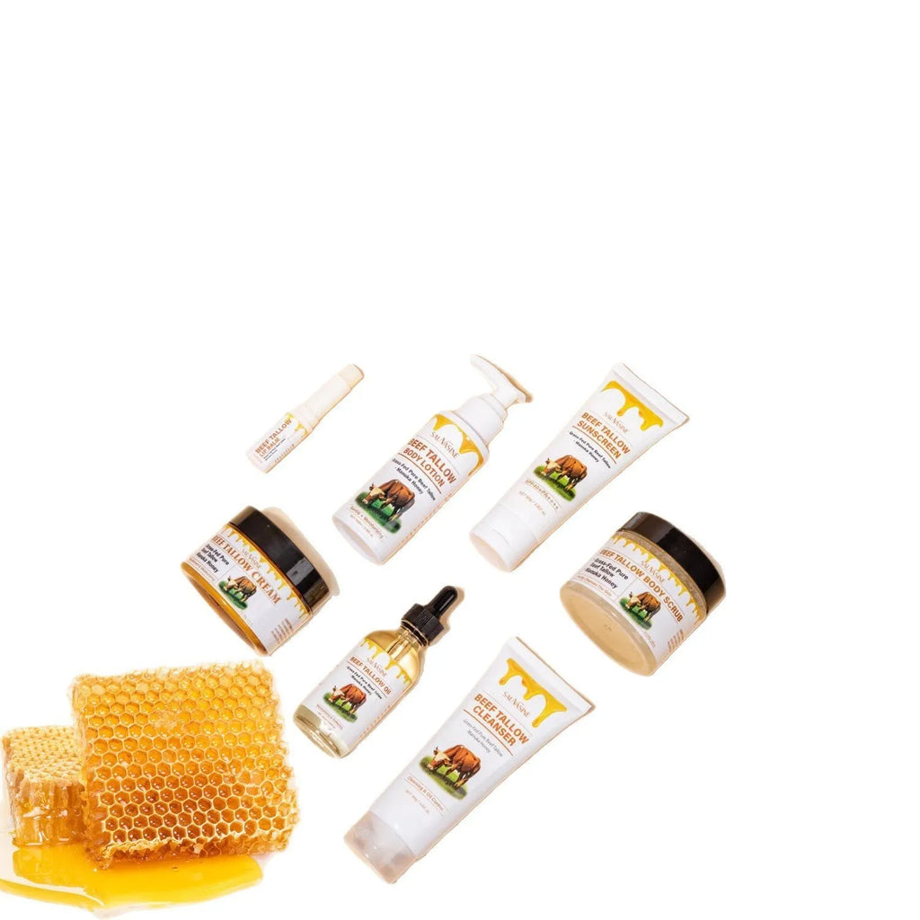 Butter Honey seven-piece skincare set featuring facial cleanser, face cream, lipstick, lotion, scrub, and beef tallow.