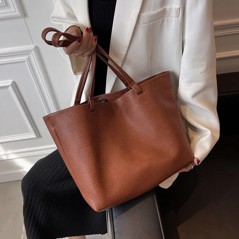 Women's retro shoulder bag in PU leather with double straps, soft handle, and 3D outer pocket, shown in five colours.