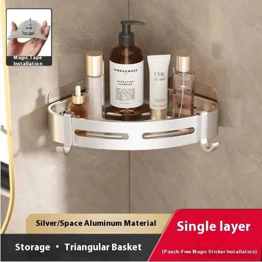 Gun grey corner-mounted bathroom rack with triangle basket design and punch-free wall mounting