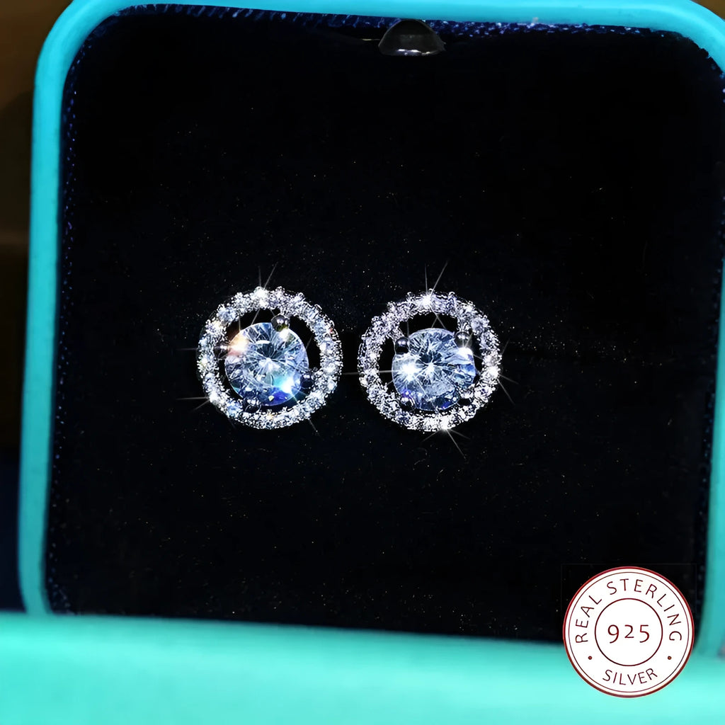 925 sterling silver white zircon ear studs with copper base in pastoral style, one size, white colour, one pair