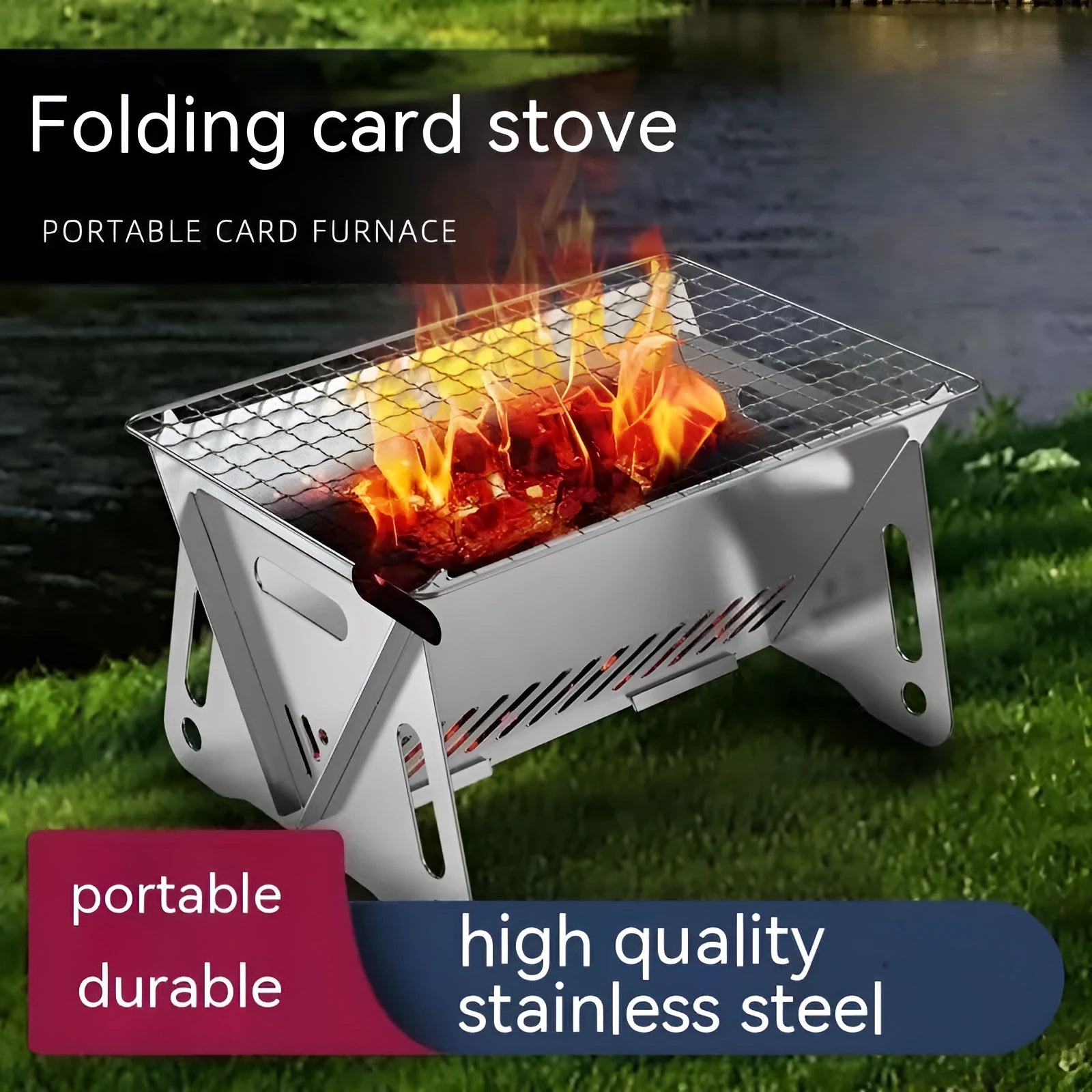 Large stainless steel folding barbecue oven and grill with storage bag.