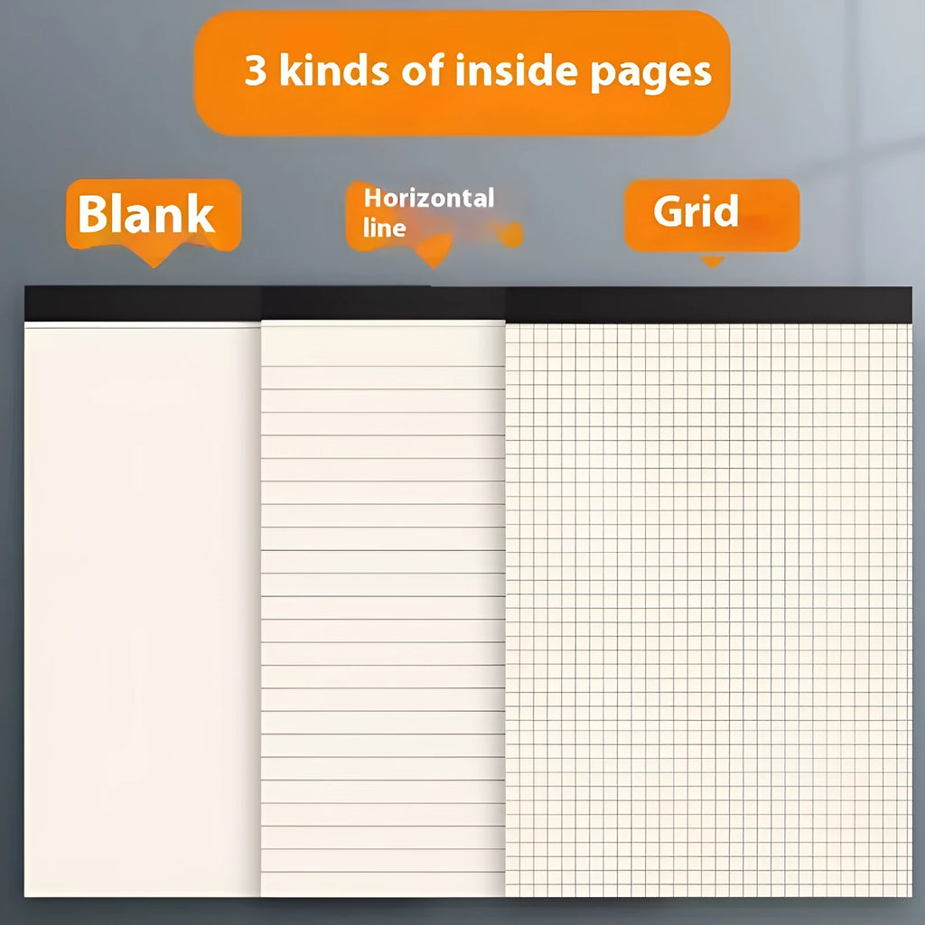 A5, B5, and A4 tearable writing pads showing blank, grid, and horizontal line page options.