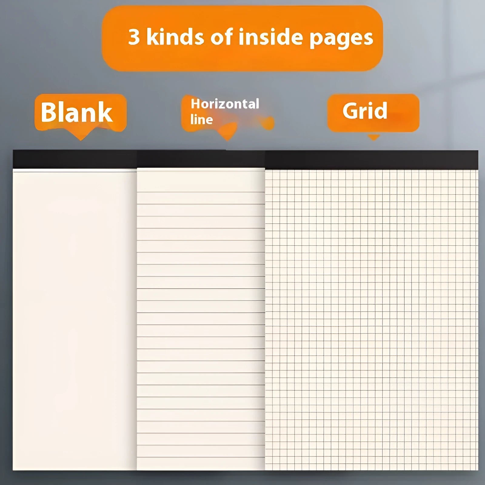 A5, B5, and A4 tearable writing pads showing blank, grid, and horizontal line page options.