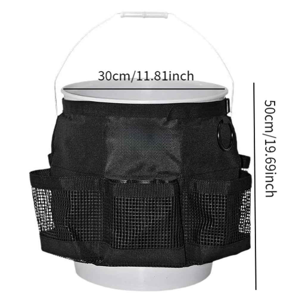 Black cylindrical polyester hanging storage bag attached to a 5-gallon barrel.