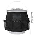 Black cylindrical polyester hanging storage bag attached to a 5-gallon barrel.