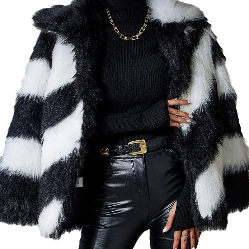 Women's faux fur coat with contrast lapel and fur collar in picture colour.