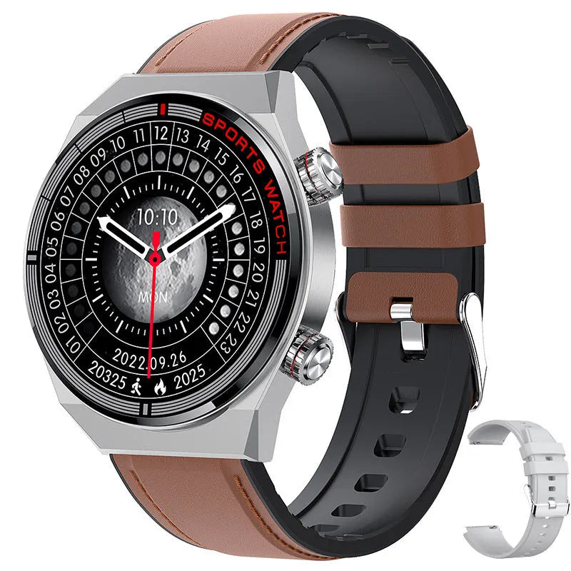Black Bluetooth smartwatch with genuine leather strap and rotary key on a 1.3-inch screen