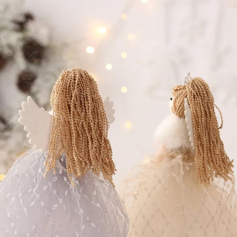 Angel girl doll ornament in non-woven fabric, 26 x 15 cm, shown in gold and light gray for festive hanging display