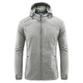 Men's thin nylon hooded jacket in light grey colour showing loose fit summer design