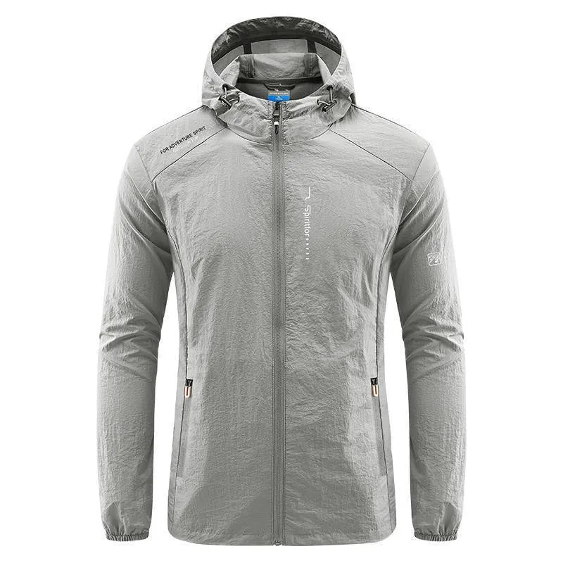 Men's thin nylon hooded jacket in light grey colour showing loose fit summer design
