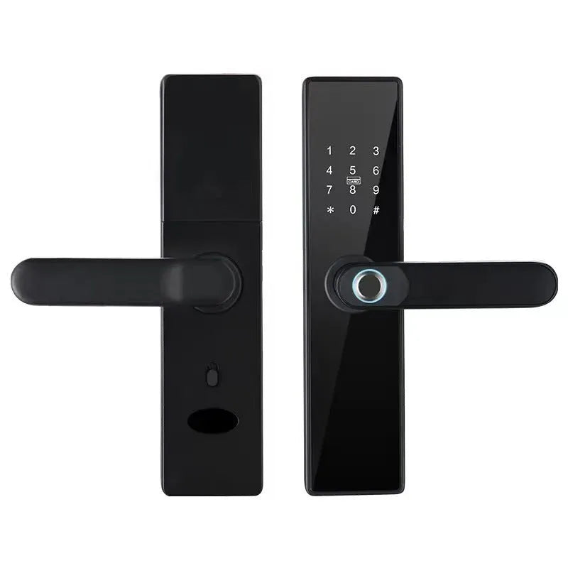 Alloy wooden door fingerprint lock in black with graffiti wifi, keyless entry