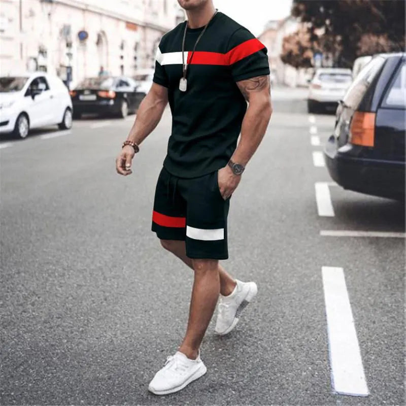 Men's casual printed t-shirt and shorts set in polyester, available in multiple colour options and sizes S to 6XL