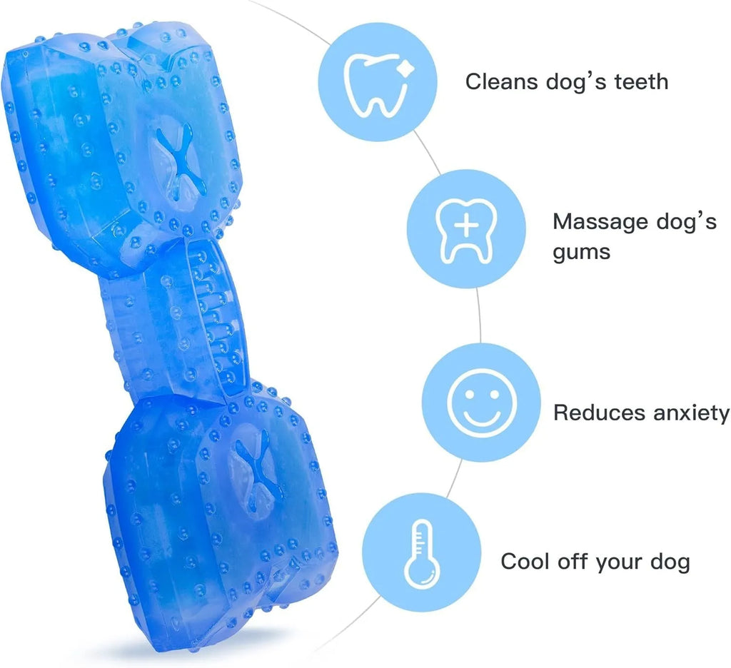 Freezable bone-shaped dog chew toy with a water-filled core for cooling and teething relief.