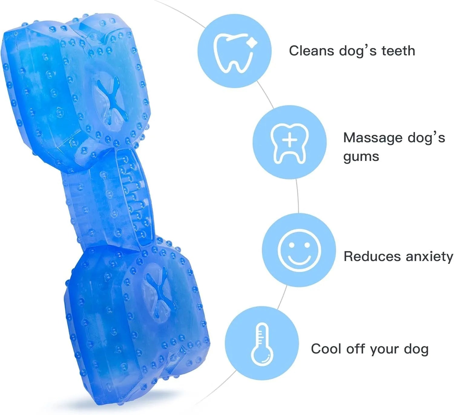 Freezable bone-shaped dog chew toy with a water-filled core for cooling and teething relief.