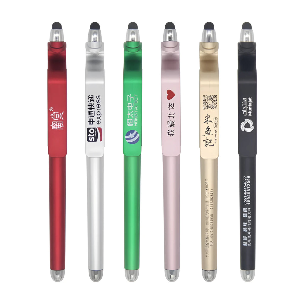 Multifunctional mobile phone holder pen with touch screen stylus and 0.5mm ballpoint tip.