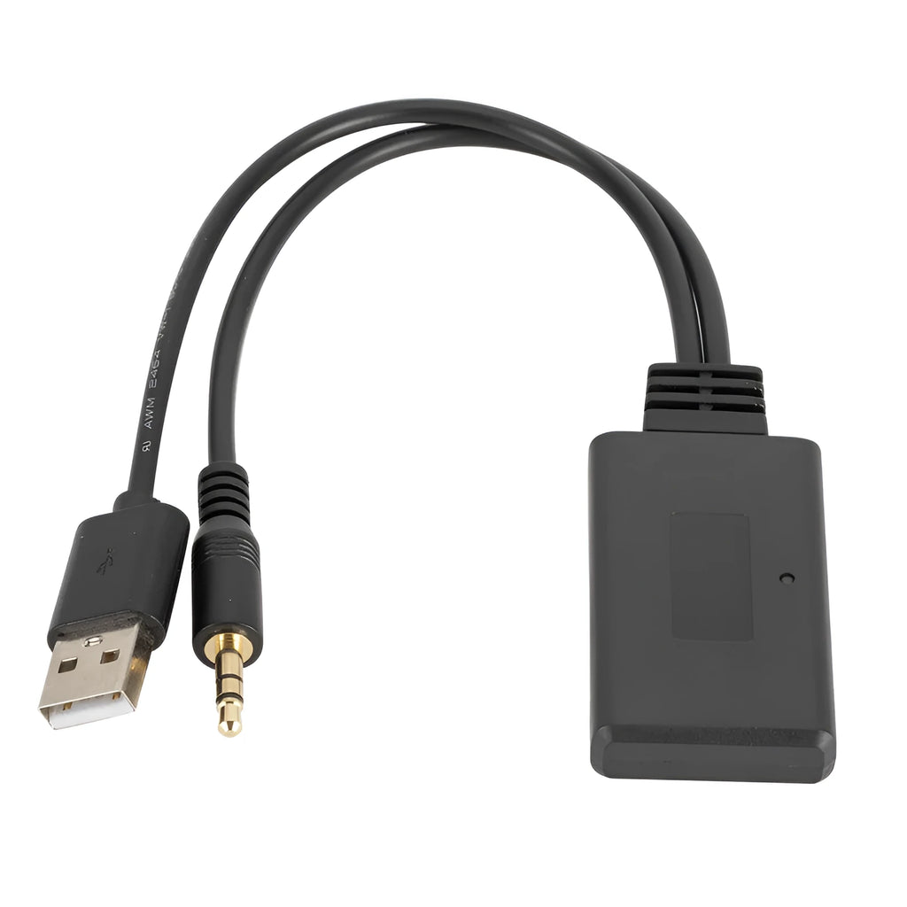 Black Car AUX Bluetooth Audio Receiver with USB and 3.5mm jack ports.