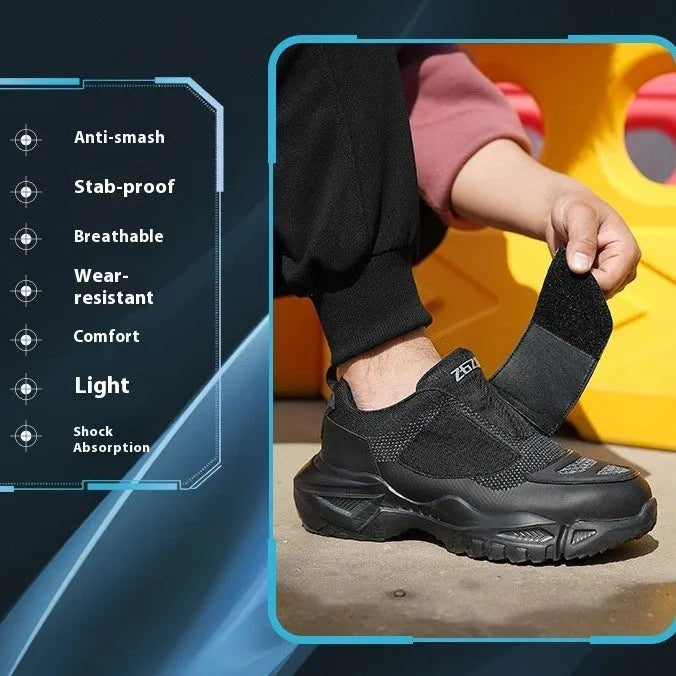 Black mens safety work shoes with steel toe cap and felt buckle closure