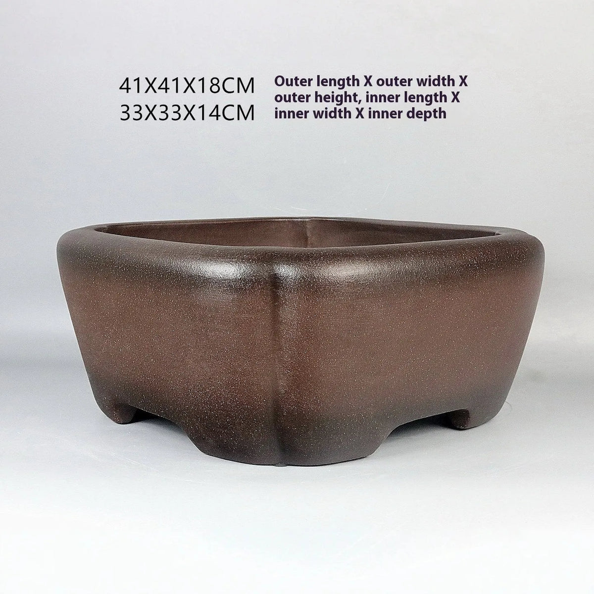 Handmade antique square purple sand ceramic bonsai flower pot, 41x41x18cm, for flowers and green plants