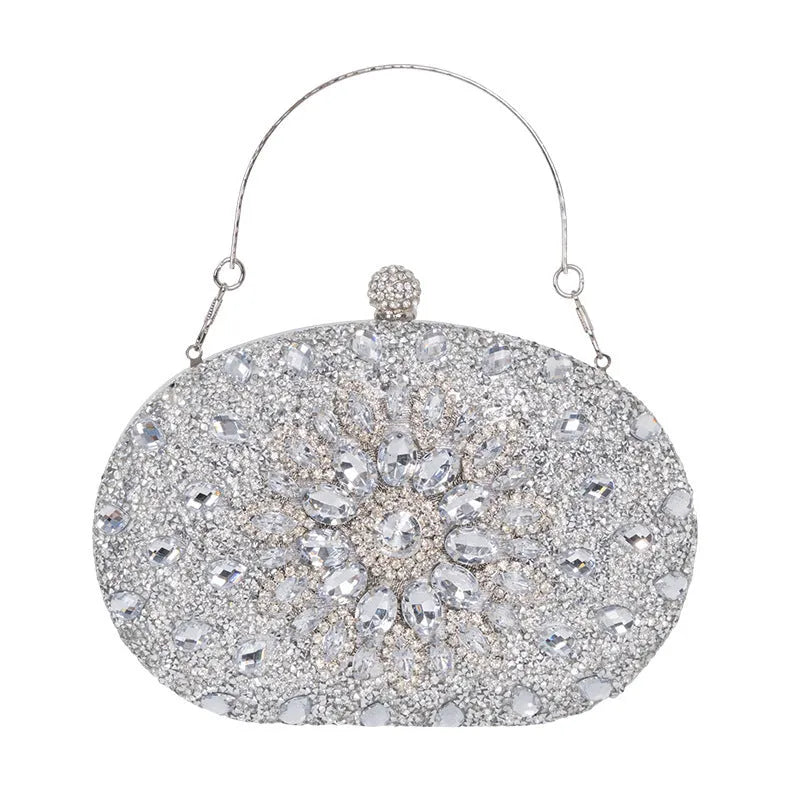 Gold hardware and rhinestone banquet handbag with structured retro design measuring 20cm wide