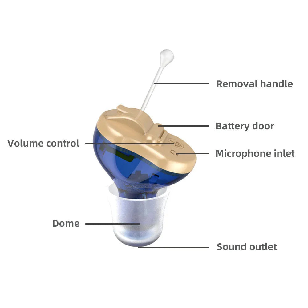Q10 mini CIC hearing aid in red or blue colour with ear tips and accessories