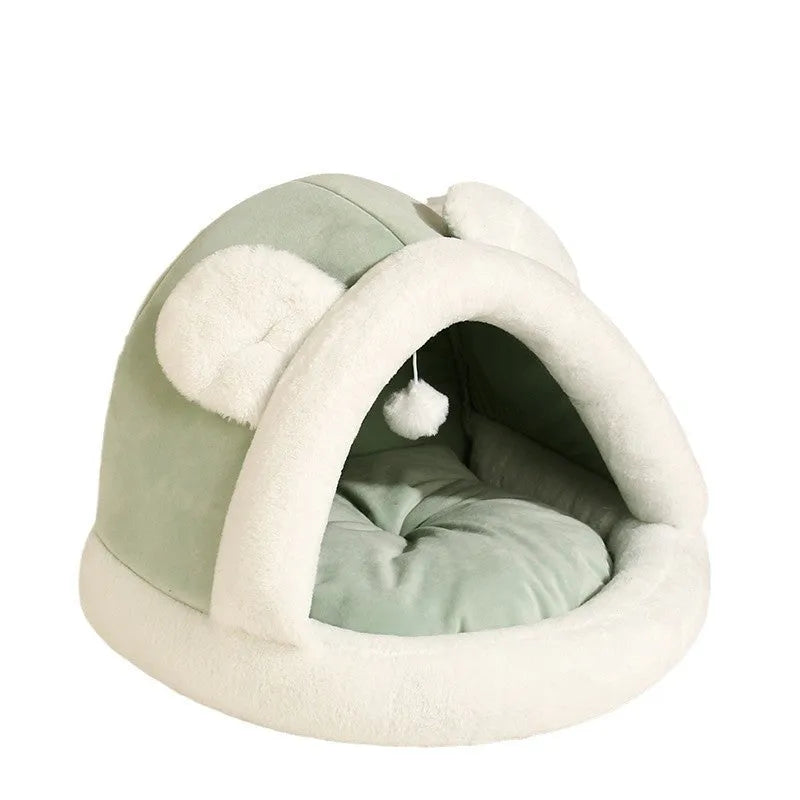Self-warming fleece pet tent cave bed for cats and small dogs in coffee colour