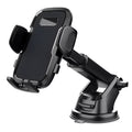 Black plastic car mobile phone bracket with suction fixing and universal support frame for in-car navigation.