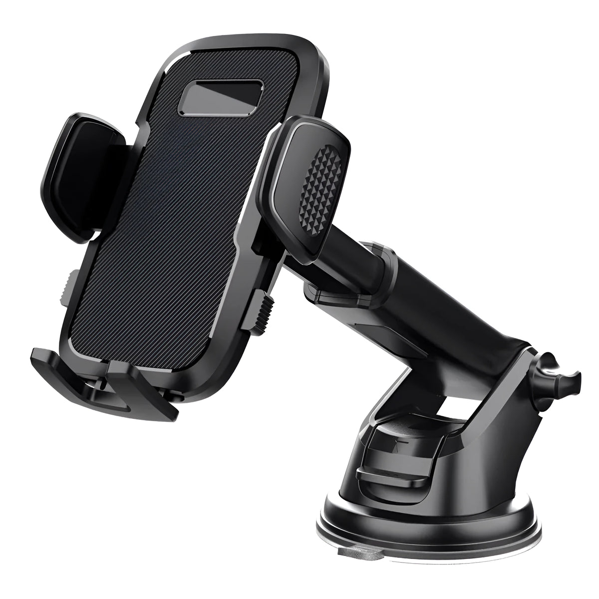 Black plastic car mobile phone bracket with suction fixing and universal support frame for in-car navigation.