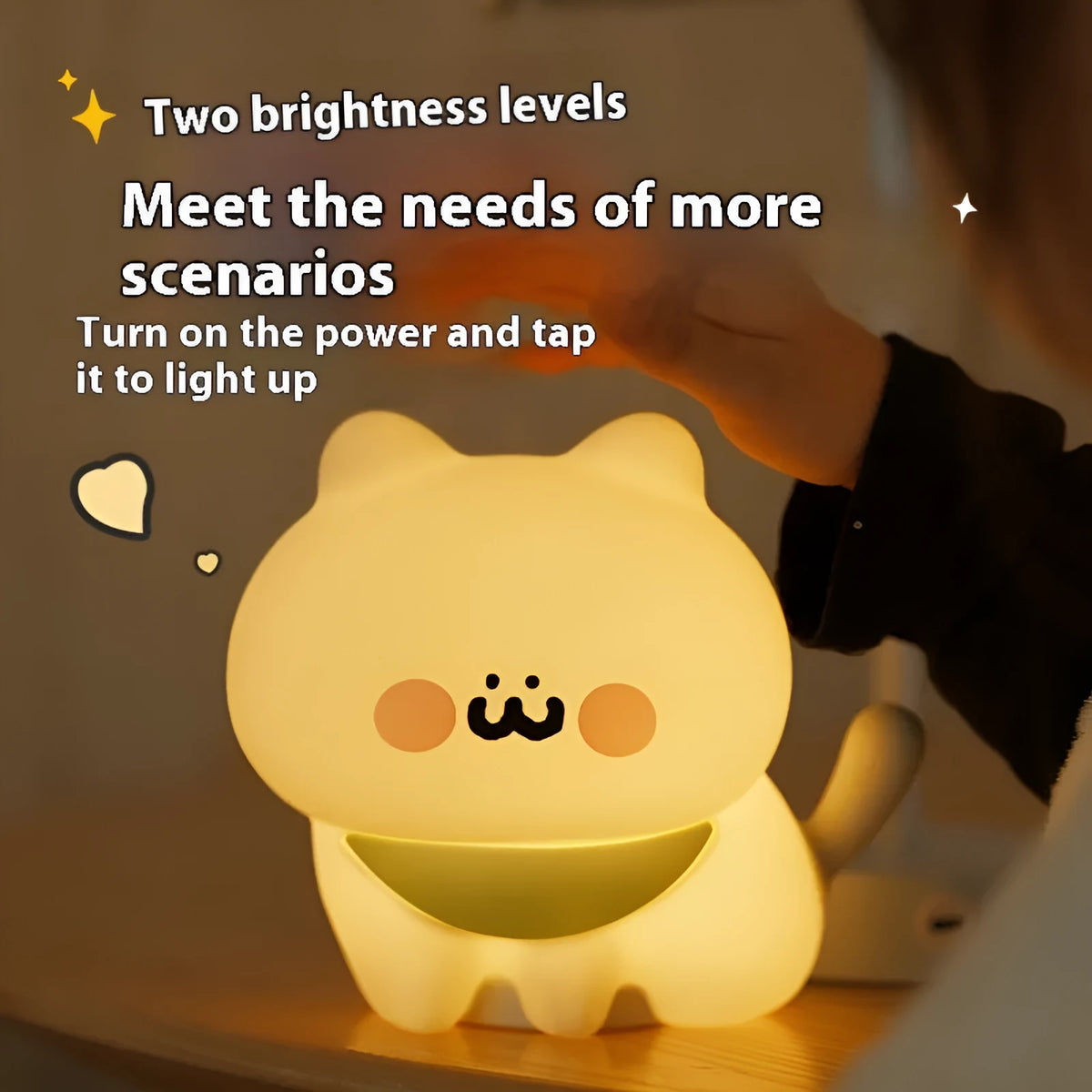 Cartoon silicone happy kitten night light with yellow light and built-in battery for bedside use