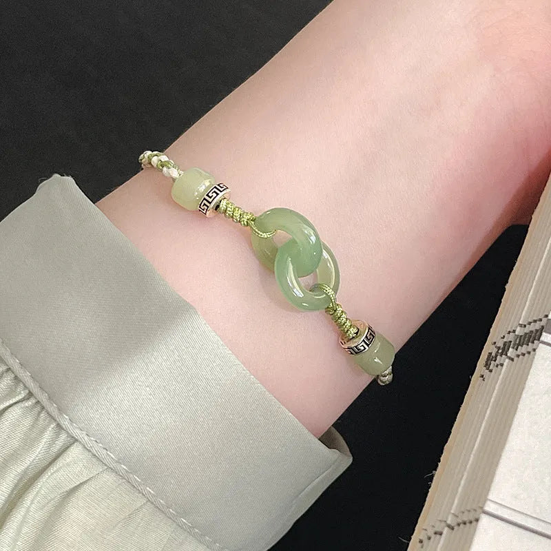 Jade green copper bracelet with peace buckle double ring design and ethnic style weaving